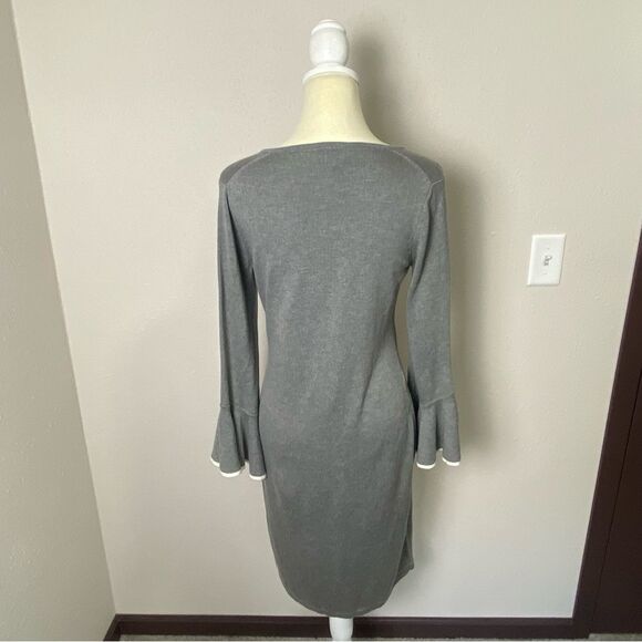 Calvin Klein Gray Long Bell Sleeve Career Wear Knee Length Sweater Dress Size L - Picture 7 of 14